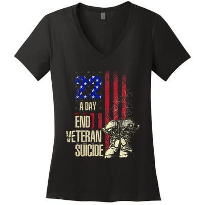 End Veteran Suicide Awareness 22 A Day Patriotic Us Flag Women's V-Neck T-Shirt