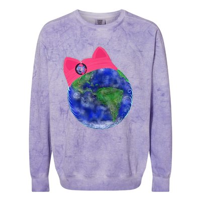 Earth Wearing A Pink Pussy Cat Hat Colorblast Crewneck Sweatshirt