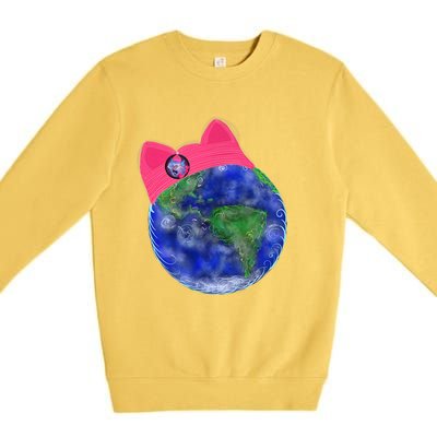 Earth Wearing A Pink Pussy Cat Hat Premium Crewneck Sweatshirt