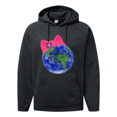 Earth Wearing A Pink Pussy Cat Hat Performance Fleece Hoodie