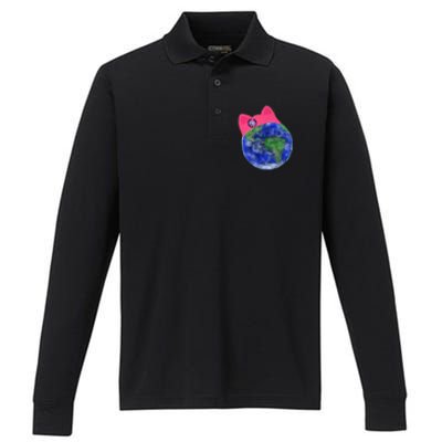 Earth Wearing A Pink Pussy Cat Hat Performance Long Sleeve Polo