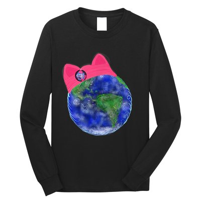 Earth Wearing A Pink Pussy Cat Hat Long Sleeve Shirt