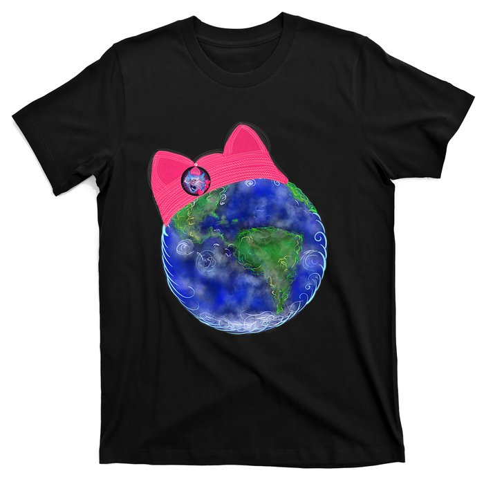 Earth Wearing A Pink Pussy Cat Hat T-Shirt