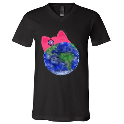 Earth Wearing A Pink Pussy Cat Hat V-Neck T-Shirt