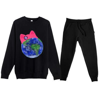 Earth Wearing A Pink Pussy Cat Hat Premium Crewneck Sweatsuit Set