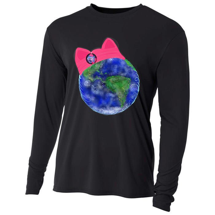 Earth Wearing A Pink Pussy Cat Hat Cooling Performance Long Sleeve Crew