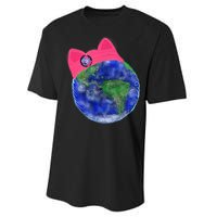 Earth Wearing A Pink Pussy Cat Hat Performance Sprint T-Shirt