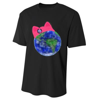 Earth Wearing A Pink Pussy Cat Hat Performance Sprint T-Shirt