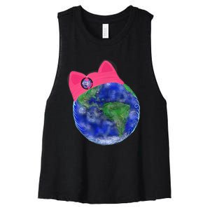 Earth Wearing A Pink Pussy Cat Hat Women's Racerback Cropped Tank