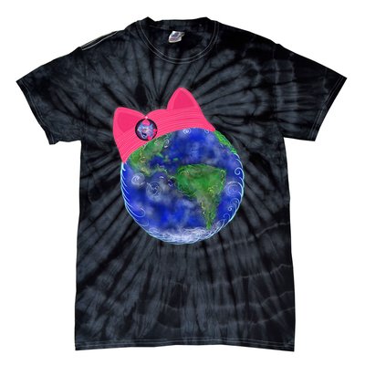 Earth Wearing A Pink Pussy Cat Hat Tie-Dye T-Shirt