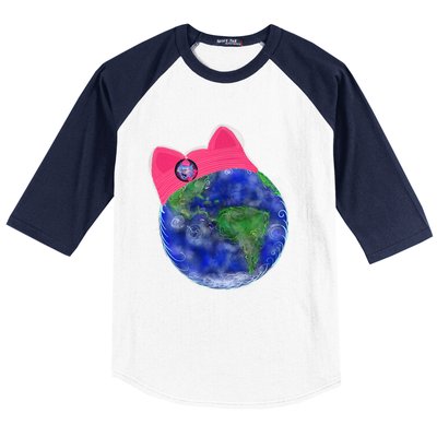 Earth Wearing A Pink Pussy Cat Hat Baseball Sleeve Shirt