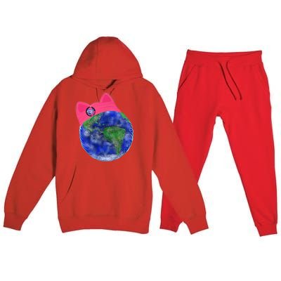 Earth Wearing A Pink Pussy Cat Hat Premium Hooded Sweatsuit Set