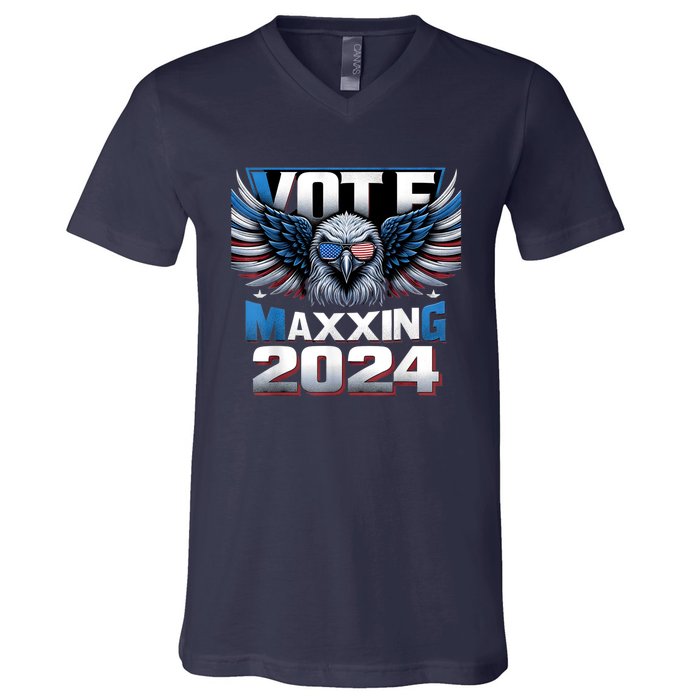 Eagle With American Flag Glasses Vote Maxing 2024 V-Neck T-Shirt