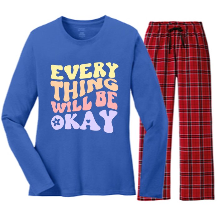 Everything Will Be Okay Positive Quote Groovy Print Gift Women's Long Sleeve Flannel Pajama Set 