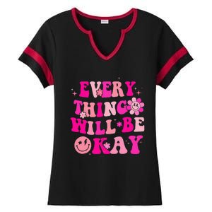 Everything Will Be Okay Breast Cancer Awareness Pink Retro Ladies Halftime Notch Neck Tee