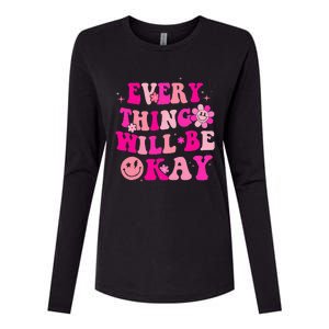 Everything Will Be Okay Breast Cancer Awareness Pink Retro Womens Cotton Relaxed Long Sleeve T-Shirt