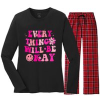 Everything Will Be Okay Breast Cancer Awareness Pink Retro Women's Long Sleeve Flannel Pajama Set 