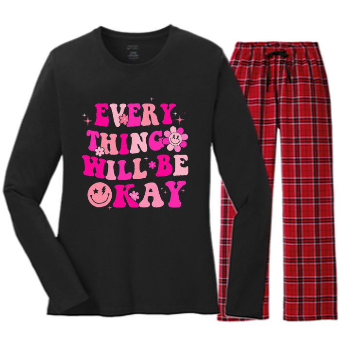 Everything Will Be Okay Breast Cancer Awareness Pink Retro Women's Long Sleeve Flannel Pajama Set 