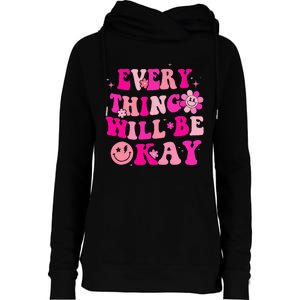 Everything Will Be Okay Breast Cancer Awareness Pink Retro Womens Funnel Neck Pullover Hood