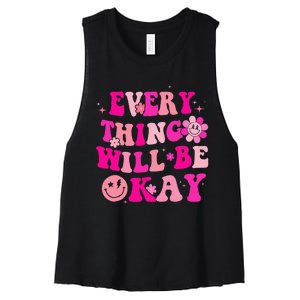 Everything Will Be Okay Breast Cancer Awareness Pink Retro Women's Racerback Cropped Tank