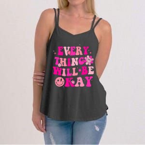 Everything Will Be Okay Breast Cancer Awareness Pink Retro Women's Strappy Tank