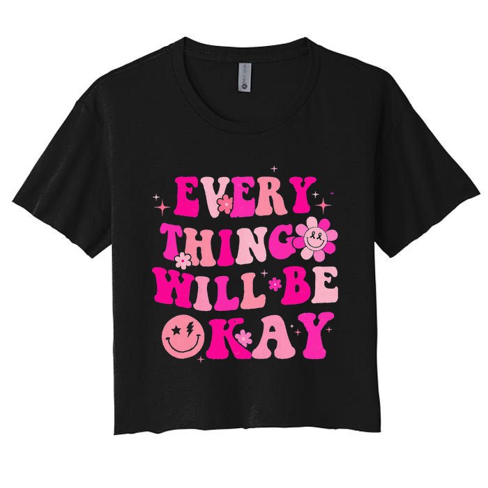 Everything Will Be Okay Breast Cancer Awareness Pink Retro Women's Crop Top Tee