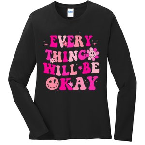 Everything Will Be Okay Breast Cancer Awareness Pink Retro Ladies Long Sleeve Shirt