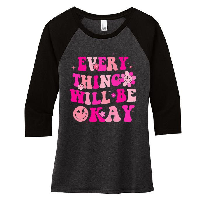 Everything Will Be Okay Breast Cancer Awareness Pink Retro Women's Tri-Blend 3/4-Sleeve Raglan Shirt