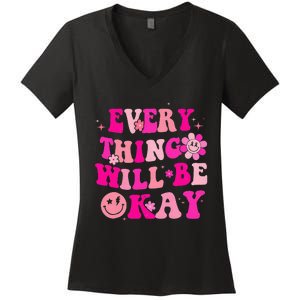 Everything Will Be Okay Breast Cancer Awareness Pink Retro Women's V-Neck T-Shirt