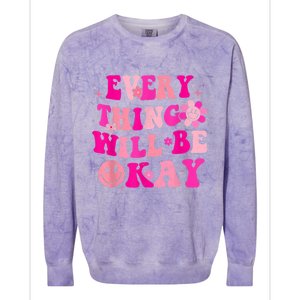 Everything Will Be Okay Breast Cancer Awareness  Pink Retro Colorblast Crewneck Sweatshirt