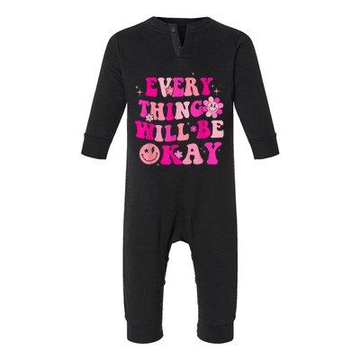 Everything Will Be Okay Breast Cancer Awareness  Pink Retro Infant Fleece One Piece