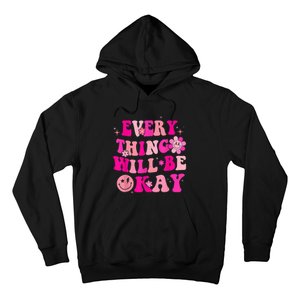 Everything Will Be Okay Breast Cancer Awareness  Pink Retro Hoodie