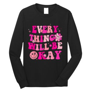 Everything Will Be Okay Breast Cancer Awareness  Pink Retro Long Sleeve Shirt