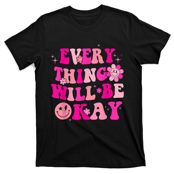 Everything Will Be Okay Breast Cancer Awareness  Pink Retro T-Shirt