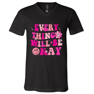 Everything Will Be Okay Breast Cancer Awareness  Pink Retro V-Neck T-Shirt