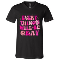 Everything Will Be Okay Breast Cancer Awareness  Pink Retro V-Neck T-Shirt