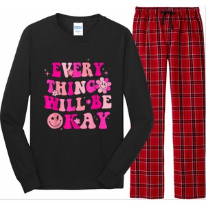 Everything Will Be Okay Breast Cancer Awareness  Pink Retro Long Sleeve Pajama Set