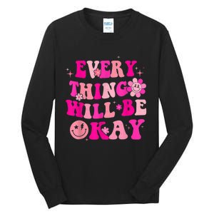 Everything Will Be Okay Breast Cancer Awareness  Pink Retro Tall Long Sleeve T-Shirt