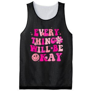 Everything Will Be Okay Breast Cancer Awareness  Pink Retro Mesh Reversible Basketball Jersey Tank