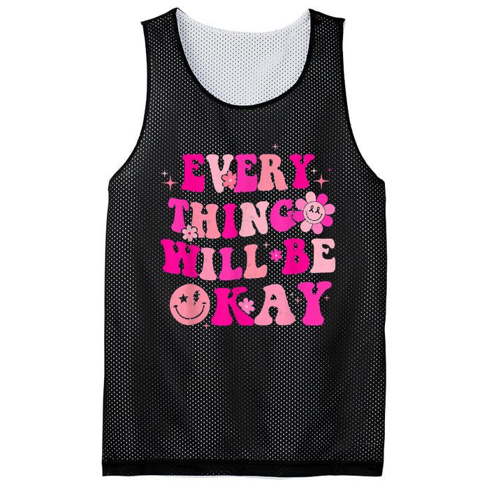 Everything Will Be Okay Breast Cancer Awareness  Pink Retro Mesh Reversible Basketball Jersey Tank