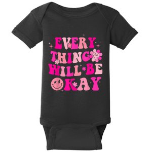 Everything Will Be Okay Breast Cancer Awareness  Pink Retro Baby Bodysuit