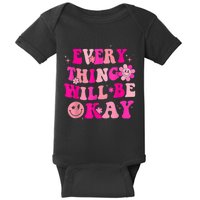 Everything Will Be Okay Breast Cancer Awareness  Pink Retro Baby Bodysuit