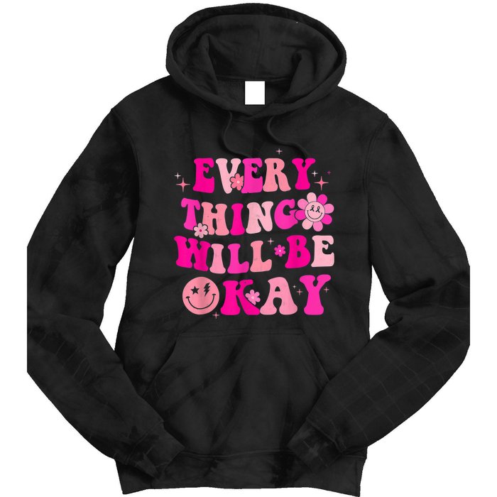 Everything Will Be Okay Breast Cancer Awareness  Pink Retro Tie Dye Hoodie