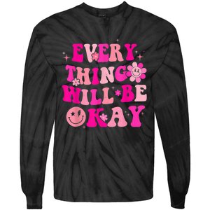 Everything Will Be Okay Breast Cancer Awareness  Pink Retro Tie-Dye Long Sleeve Shirt