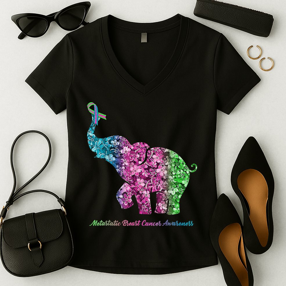 Elephant With Flower Metastatic Breast Cancer Awareness Women's V-Neck T-Shirt