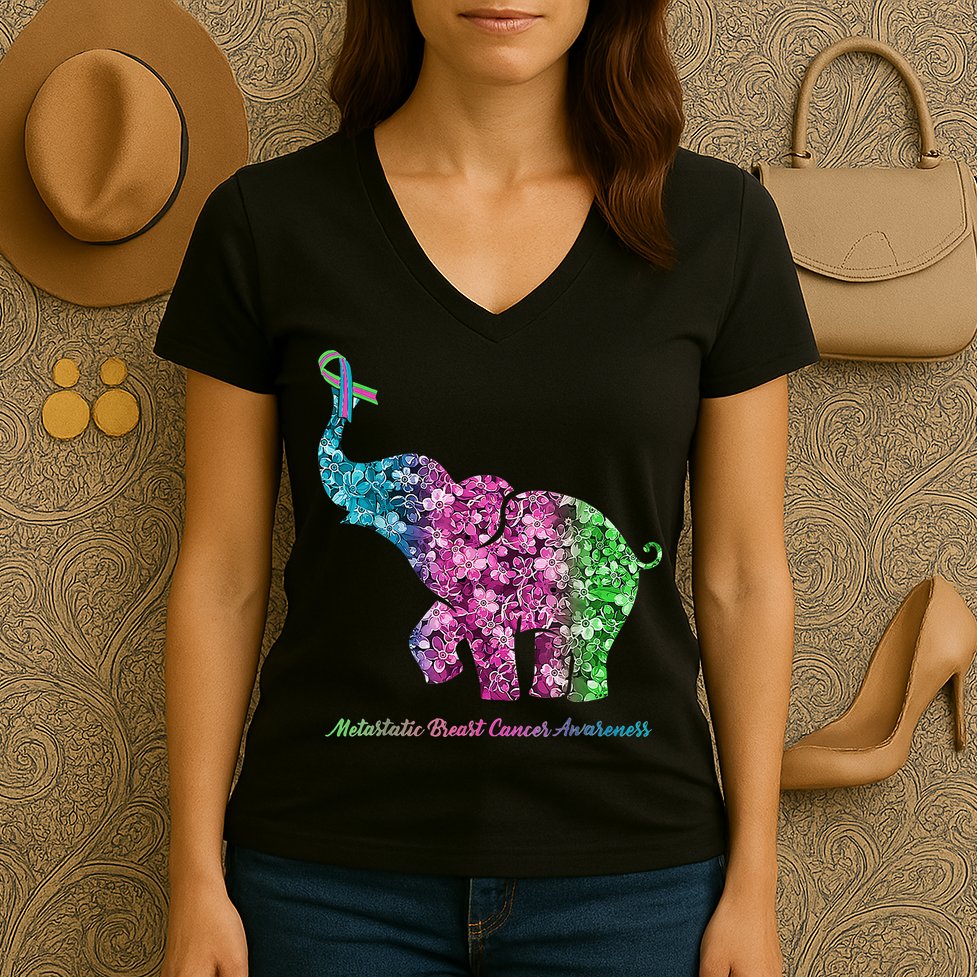 Elephant With Flower Metastatic Breast Cancer Awareness Women's V-Neck T-Shirt