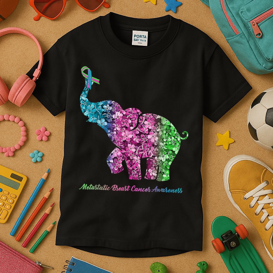 Elephant With Flower Metastatic Breast Cancer Awareness Kids T-Shirt