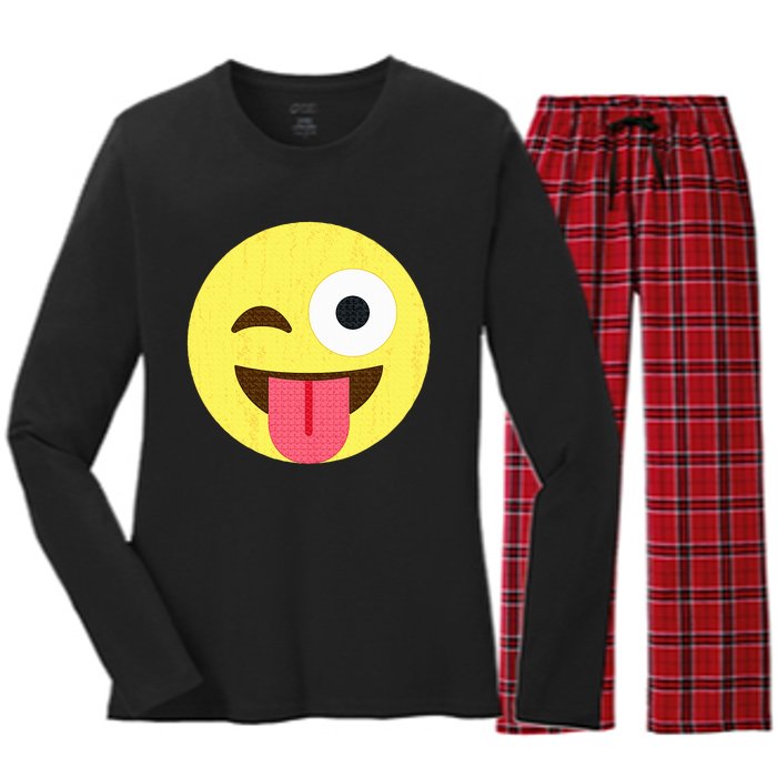 Emoticon Winking Face With Tongue Women's Long Sleeve Flannel Pajama Set 