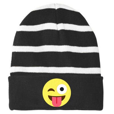 Emoticon Winking Face With Tongue Striped Beanie with Solid Band