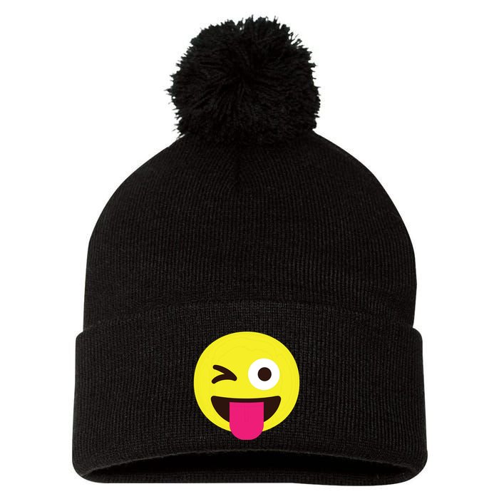 Emoticon Winking Face With Stuckout Tongue And Winking Eye Pom Pom 12in Knit Beanie